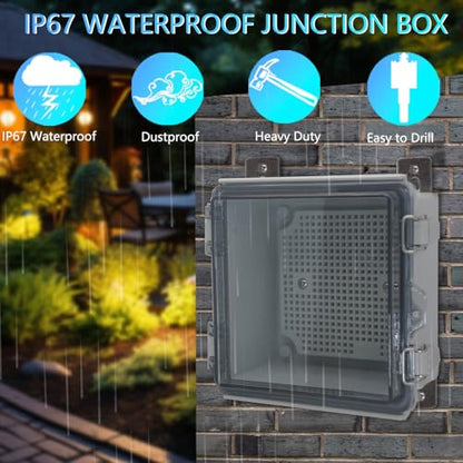IP67 Waterproof Junction Box, ABS Plastic Electrical Enclosure with Stainless Steel Latch, Hinged Cover Electric Box with Mounting Plate, Wall Brackets & Cable Glands 210x210x100 - color: Grey, size: 8.3"x8.3"x3.9"