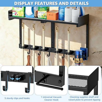 HUFAND 27 Inch Mop and Broom Holder Wall Mount with Storage Shelf & Hooks - color: Black, size: Large
