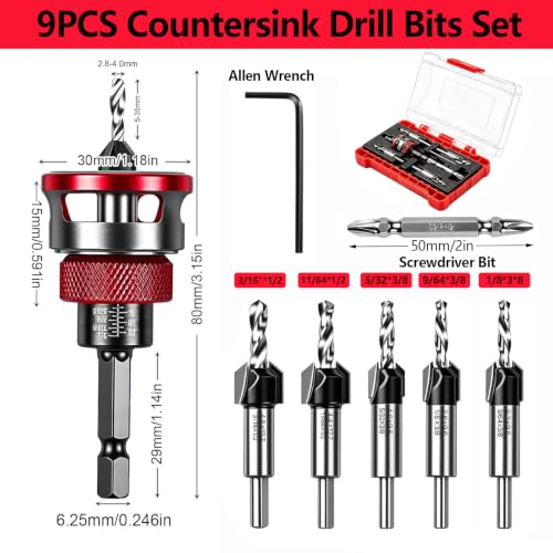 9 PCS Countersink Drill Bit Set, DIY Woodworking Drill Bits