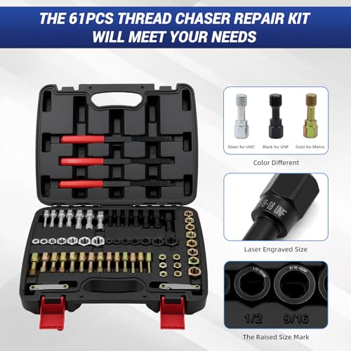 61-Piece Thread Repair Kit, Metric/UNC/SAE Thread Chaser Set with Taps, Dies, Files & Pitch Gauge, Rethreading Tool for Auto Mechanics, DIY - Rethread Damaged Screws, Bolts, Nuts