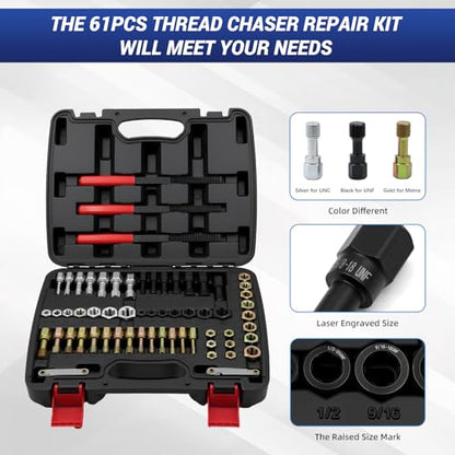 61-Piece Thread Repair Kit, Metric/UNC/SAE Thread Chaser Set with Taps, Dies, Files & Pitch Gauge, Rethreading Tool for Auto Mechanics, DIY - Rethread Damaged Screws, Bolts, Nuts