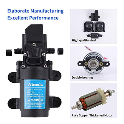 12V DC Fresh Water Pump with 2 Hose Clamps,Self Priming Sprayer Pump with Pressure Switch,12 Volt High Pressure Pump Diaphragms,4.5 L/Min 1.2 GPM 85 PSI Adjustable for Spray,Marine,Lawn