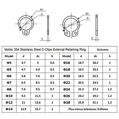 330Pcs 15-Size Metric 304 Stainless Steel External Circlip Snap Retaining Clip Ring Assortment Kit - 4mm to 28mm