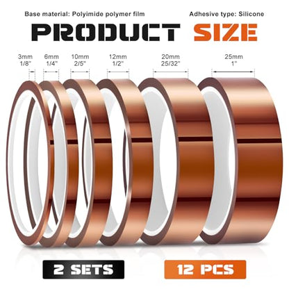 2 Set 6-Size Polyimide High Temp Tape, No Residue for Soldering Sublimation