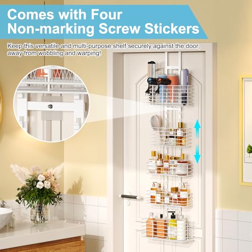Yuyetuyo 5-Tier Over The Door Organizer Bathroom Shelves Hair Tool Organizer - Hair Dryer Holder Adjustable Height, DIY Bathroom Storage Shelf Wall Mounted Behind The Door Storage - color: White, size: 5-Tier
