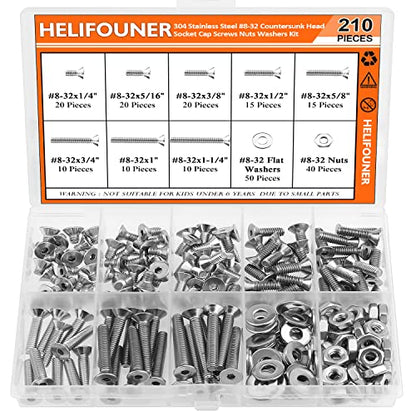 HELIFOUNER 210 Pieces #8-32 x 1/4" 5/16" 3/8" 1/2" 5/8" 3/4" 1" 1-1/4", Countersunk Head Socket Cap Screws Bolts Washers Nuts Kit, Coarse Thread, Fully Machine Threaded, 304 Stainless Steel - size: #8-32, style: Countersunk Head