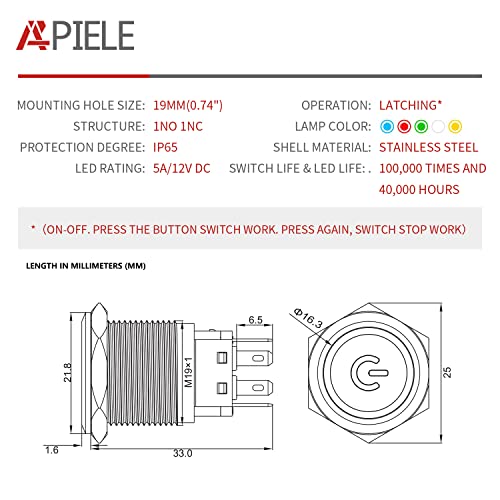 APIELE 19mm Latching Push Button Switch 3/4" 12V DC Power Symbol LED with Socket Plug 1NO1NC SPDT ON/Off（ Blue） - color: Blue