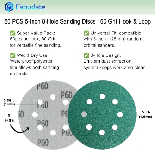 5 Inch 8 Hole 60 Grit Hook&Loop Wet/Dry Heavy-Duty Sanding Discs 50PK - size: 60 Grit