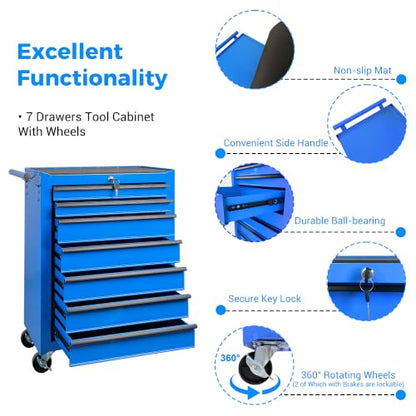 7 Drawers Rolling Tool Chest with Drawers & Lock - color: 7-drawer-blue-a