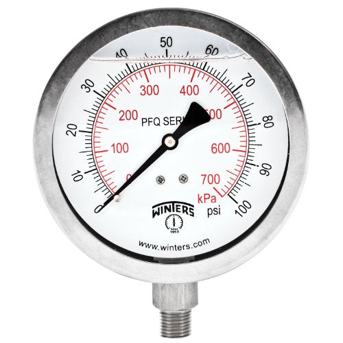 Winters 4" Dial Size, Liquid Filled Industrial Pressure Gauge, Stainless Steel Case and Internals, Dual Scale 0-100 psi/kPa, 1.5% Acc, 1/4" NPT Bottom Mount, Glycerin Filled Pressure Gauge