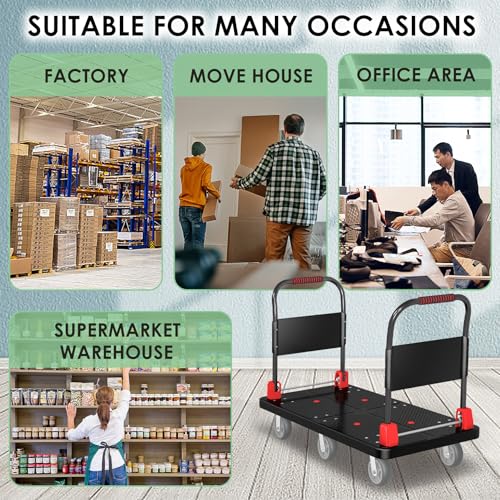 2200 lb 6-Wheel Heavy Duty Platform Truck with Foldable Dual Handrails - color: Black-50" Lx27 W