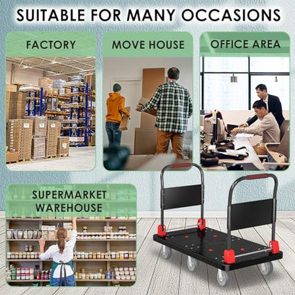 2200 lb 6-Wheel Heavy Duty Platform Truck with Foldable Dual Handrails - color: Black-50" Lx27 W