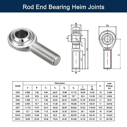 CM6 Rod End Bearing Heim Joints, 3/8 x 3/8-24 Right Hand Male Thread Heim Joint with Jam Nuts 2pcs - size: 3/8"