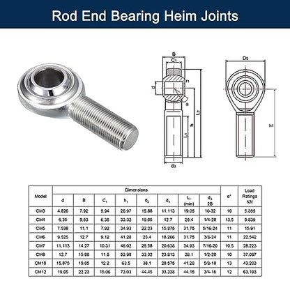 CM6 Rod End Bearing Heim Joints, 3/8 x 3/8-24 Right Hand Male Thread Heim Joint with Jam Nuts 2pcs - size: 3/8"