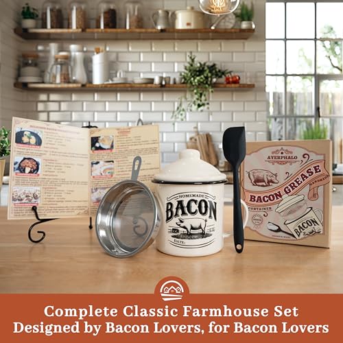 Ayerphalo 24oz Enamel Bacon Grease Container with Strainer, Farmhouse Beige - color: Beige, size: 24oz
