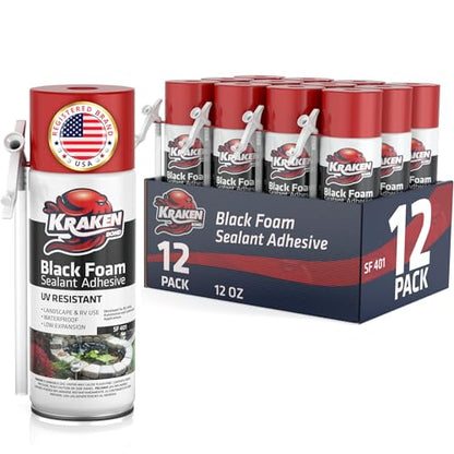 Kraken Bond Black Spray Waterfall Foam Sealant - (12x12oz) Expanding Polyurethane Pond Foam Sealer Black, UV Resistant Insulating Spray for Landscape & Exterior, Straw Use, 12 Pack - size: 12 Pack