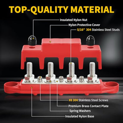 Bus Bar 250A 12V Power Distribution Block 4 x 5/16"(M8) Studs for Automotive Marine Car Audio, 12 Volt Battery Busbar Terminal Block with Waterproof Cover (Pack of 2, Positive & Negative) - size: 5/16"(M8) Studs