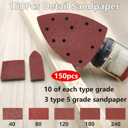 FOWOK 150Pcs Sandpaper for Skil Detail Sander with 2Pcs Foam Sanding Pad - size: 3-Shape Sandpaper with 2 Pads