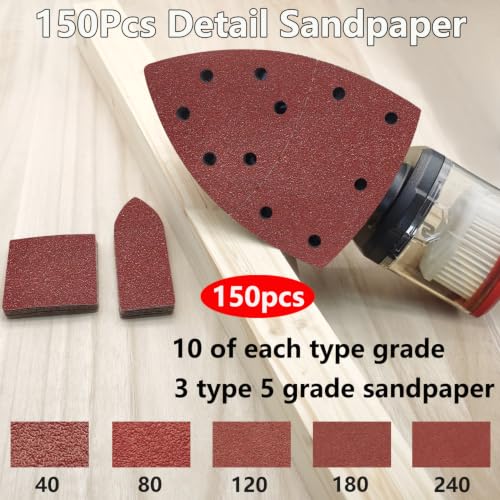 FOWOK 150Pcs Sandpaper for Skil Detail Sander with 2Pcs Foam Sanding Pad - size: 3-Shape Sandpaper with 2 Pads