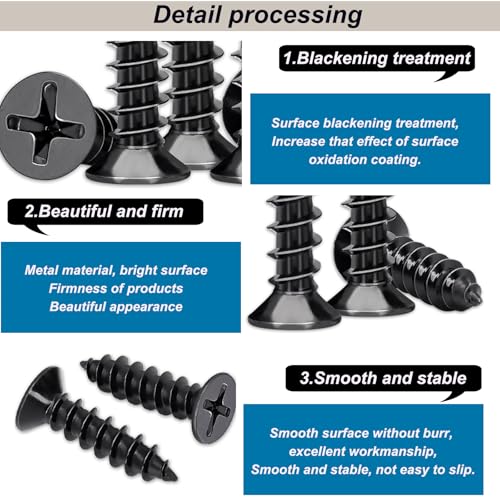 #4 Small Wood Screws Assortment Kit 420PCS, Black Short Phillips Flat Head Self Tapping Cabinet Hinge Screws, Hardened Carbon Steel Tiny Micro Mini Screws with 20Pcs M6 Wall Anchors - size: 420pcs-9 SIZES
