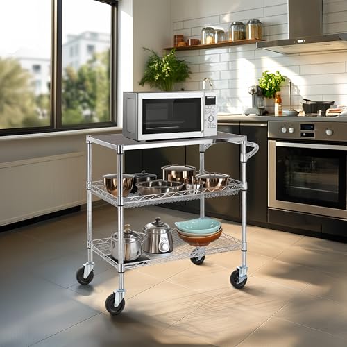 Finnhomy 3 Tier Heavy Duty Commercial Grade Utility Cart with Wood Top, Wire Rolling Cart with Wheels and Handle Bar, Kitchen Carts on Wheels, Metal Cart with 600 LBS Capacity, Chrome - style: 30“L Chrome