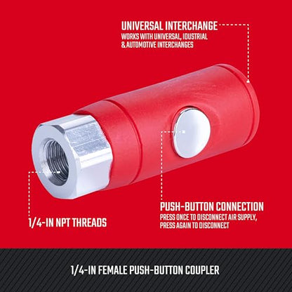 CRAFTSMAN Push Button Coupler, Female, 1/4-in NPT Industrial and Automotive Plug Compatibile, Quick-Disconnect