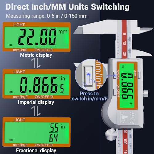 Preciva Digital Caliper Measuring Tool, Stainless Steel Digital Micrometer Vernier Caliper, with Backlight LCD, Auto-Off Feature, IP54 Splash Proof Protection and Inch Metric Conversion 6 Inch/150 mm