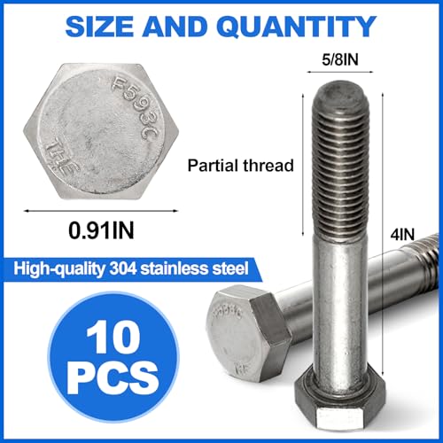10 Pack 5/8-11 x 4'' Hex Head Cap Screw Bolt Stainless Steel 304 - size: 5/8-11 x 4''
