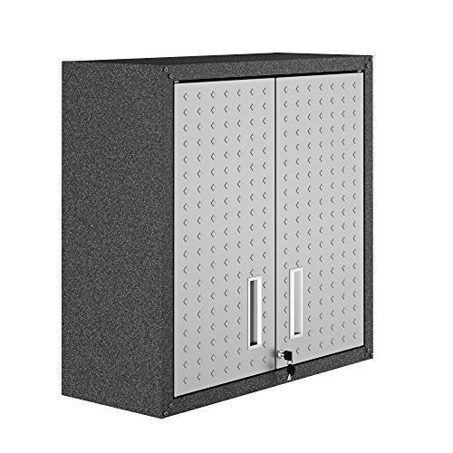 Manhattan Comfort Fortress Floating Garage Storage Cabinet with Adjustable Shelves and Lock, Recessed Handles, Metal Wall Mounted Lockable Utility Cabinet, Steel Garage Storage in Black and Grey - color: Black/Grey, style: Floating Cabinet