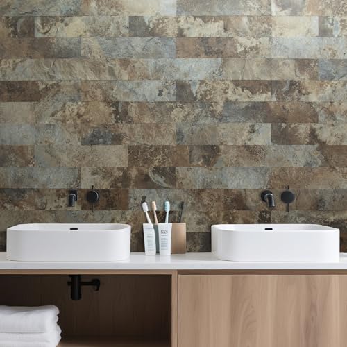 AULIGET 40-Piece Beige & Brown Slate Peel and Stick Backsplash Wall Tiles, 3" x 12" PVC Faux Stone Stick on Tiles for Backsplash Kitchen, Bathroom, Laundry Room, Camper, Fireplace - color: Beige & Brown Slate, size: 40 Pieces, 3"x12"x0.12"