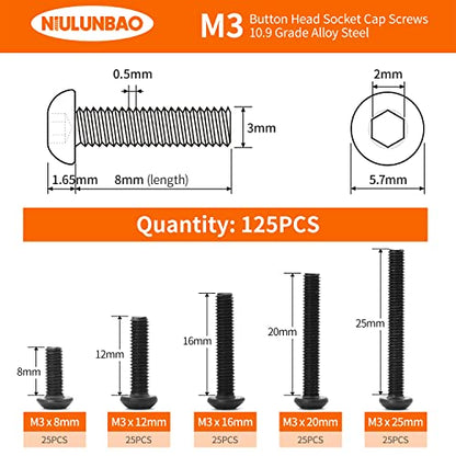 M3 x 8mm 12mm 16mm 20mm 25mm Button Head Socket Cap Screws Bolts, 10.9 Grade Alloy Steel, Black Oxide Finish, Metric Allen Hex Drive, Machine Fully Threaded, Assortment Kit 125PCS - size: M3 x 8/12/16/20/25mm (125PCS)