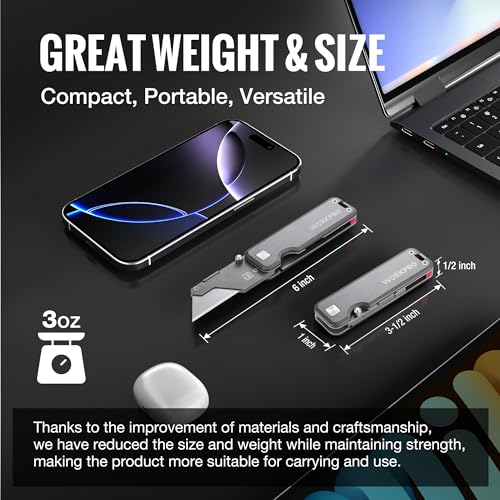 WORKPRO Premium Titanium Utility Knife, CNC Unibody, Lightweight Aluminium Handle Folding Box Cutter, Quick Change Blade Razor Knife,Ideal Gifts for Men Women, with 10 Extra Blades - color: Gray