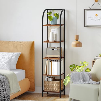 Hzuaneri Bookshelf Narrow Bookcase, Tall Storage Rack with Steel Frame - color: Rustic Brown, size: 13.2 × 11.8 × 59.2 inch