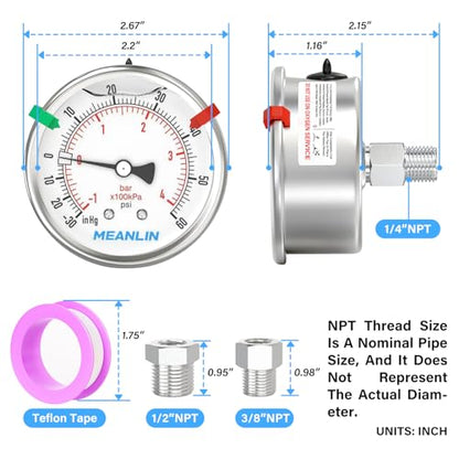 MEANLIN MEASURE -30inHG~60Psi Vacuum Pressure Gauge 316 Stainless Steel Joint 1/4"NPT 2.5"FACE DIAL, Liquid Filled Pressure Gauge WOG Water Oil Air Back Mount with Stainless Steel Hex Bushing, Snaps - size: -30inHG-60Psi, style: Back Mount