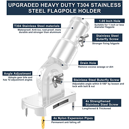 Heavy Duty 180° Adjustable Stainless Steel Flag Pole Bracket Mount - color: White