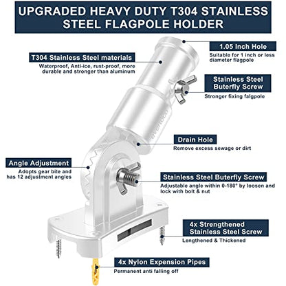 Heavy Duty 180° Adjustable Stainless Steel Flag Pole Bracket Mount - color: White