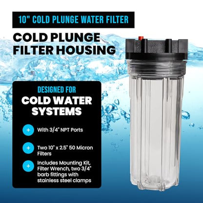 Cold Plunge Water Filter System 10" Housing 3/4" NPT Ports, 2x50 Micron - style: Housing + 2 Filter