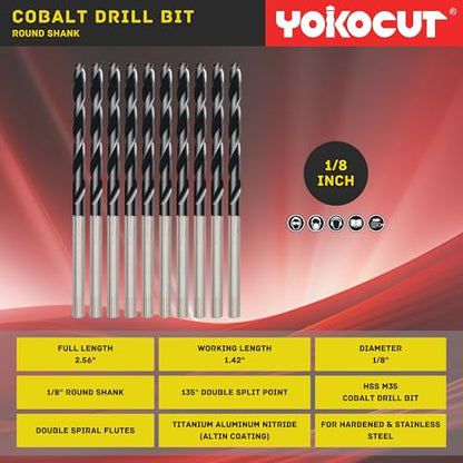 1/8 Inch Cobalt Drill Bit 10PCS | High Speed Steel | Drill Bit for Stainless Steel and Hardened Metal | HSS M35 Titanium Aluminum Nitride Coating - size: 1/8 Inch