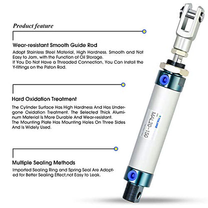 TAILONZ PNEUMATIC 20mm Bore 150mm Stroke Air Cylinder Double Action with Y Connector and 2Pcs 6mm Fitting MAL20x150 - size: 20mm Bore 150mm Stroke