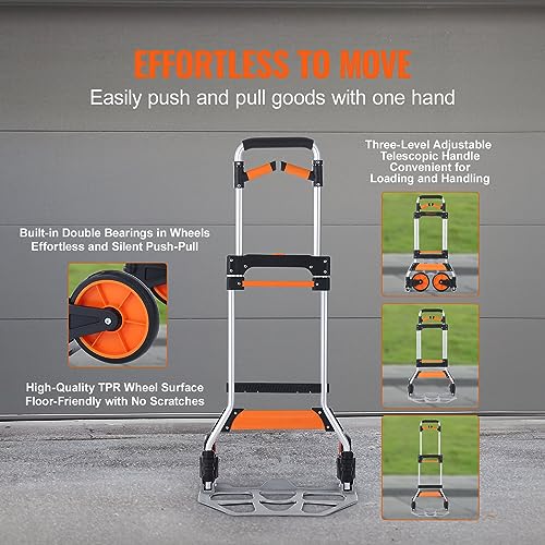 VEVOR Folding Hand Truck and Dolly, 309 Lbs Capacity, Aluminum Foldable Cart, Heavy-Duty Luggage Trolley Cart with Telescoping Handle and PP+TPR Wheels for Home, Office, Shopping, Travel - size: 309 lbs