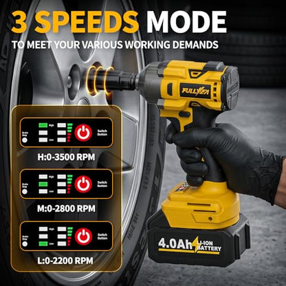 FULLYEA Cordless Impact Wrench 1/2, Max 550N. M/406Ft-lbs High Torque Brushless Impact Wrench, Power Impact Gun Kit with 21V 4.0Ah Battery & Fast Charger, Electric Impact Driver for Truck RV Home Car