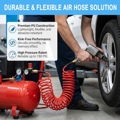 2PCS Polyurethane Recoil Air Hose, 1/4" ID by 10FT, Red - color: Red, size: 1/4" ID x 10FT