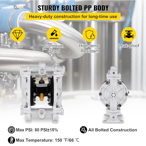 VEVOR Air-Operated Double Diaphragm Pump, 1/2 in Inlet & Outlet, Polypropylene Body, 2.5 GPM & Max 80PSI, PTFE Diaphragm Pneumatic Transfer Pump for Petroleum, Diesel, Oil & Low Viscosity Fluids - size: 2.5 GPM
