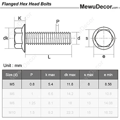 M5-0.8 x 12mm Flanged Hex Head Bolts Flange Hexagon Screws, Stainless Steel 18-8 (304), Plain Finish, 40 PCS - size: M5 x 12mm