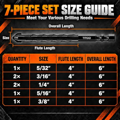 7Pcs Extended Masonry Drill Bit Set, Concrete Drill Bit, 5/32"-3/8" - size: 7 pcs 5/32"-3/8" Masonry Drill Bits Set