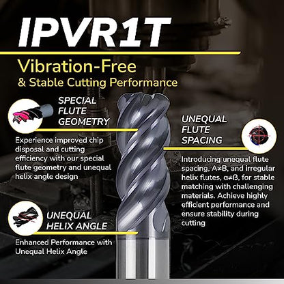SPEED TIGER Carbide Corner Radius End Mill - 4 Flute - IPVR1T1/2 0.125" 4 (1 Piece, R0.125, 1/2") - Unequal Flute Spacing & Helix Design - for Titanium - Mill Bits Sets for DIYers & Professionals - size: 1/2 in, style: R0.125