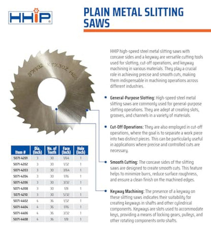 HHIP 5071-4202 X 1/32 X 3 High Speed Steel Plain Slitting Saw - size: 3" Dia x 1/32" Face x 1" Arbor