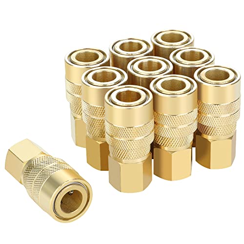 Brass Air Coupler, 1/4 Inch Body Size, 3/8 Inch NPT Female Threads Size, Industrial M-Type, 10 Pieces Air Compressor Hose Fittings - size: 10PC 3/8 FNPT