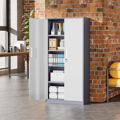 Greenvelly Metal Storage Cabinet, 72" Locking Metal Garage Storage Cabinet with Doors and 4 Adjustable Shelves, Lockable Steel Cabinet for Home Office, Garage, Shop, School (White Grey 32" W x 16" D) - color: White Grey, size: 72 Inch - 32W