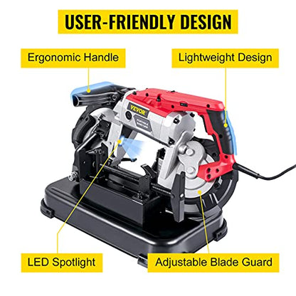 VEVOR Portable Band Saw, 110V Removable Alloy Steel Base 5 Inch Cutting Capacity Hand held Variable Speed Portable Bandsaw, 10Amp Motor Deep Cut Band saw for Metal Wood - style: with Base